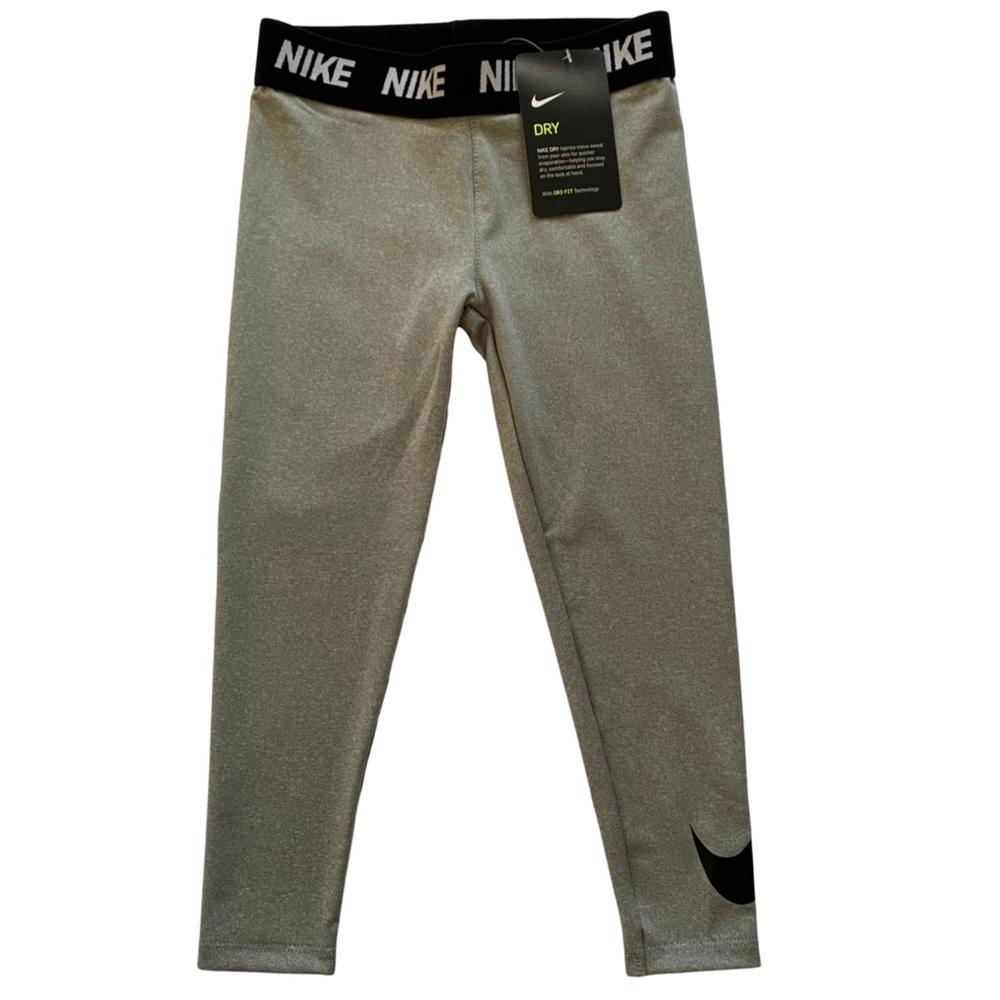 NIKE Dri-Fit Girls Size 5/S Grey Leggings Black Swoosh NWT